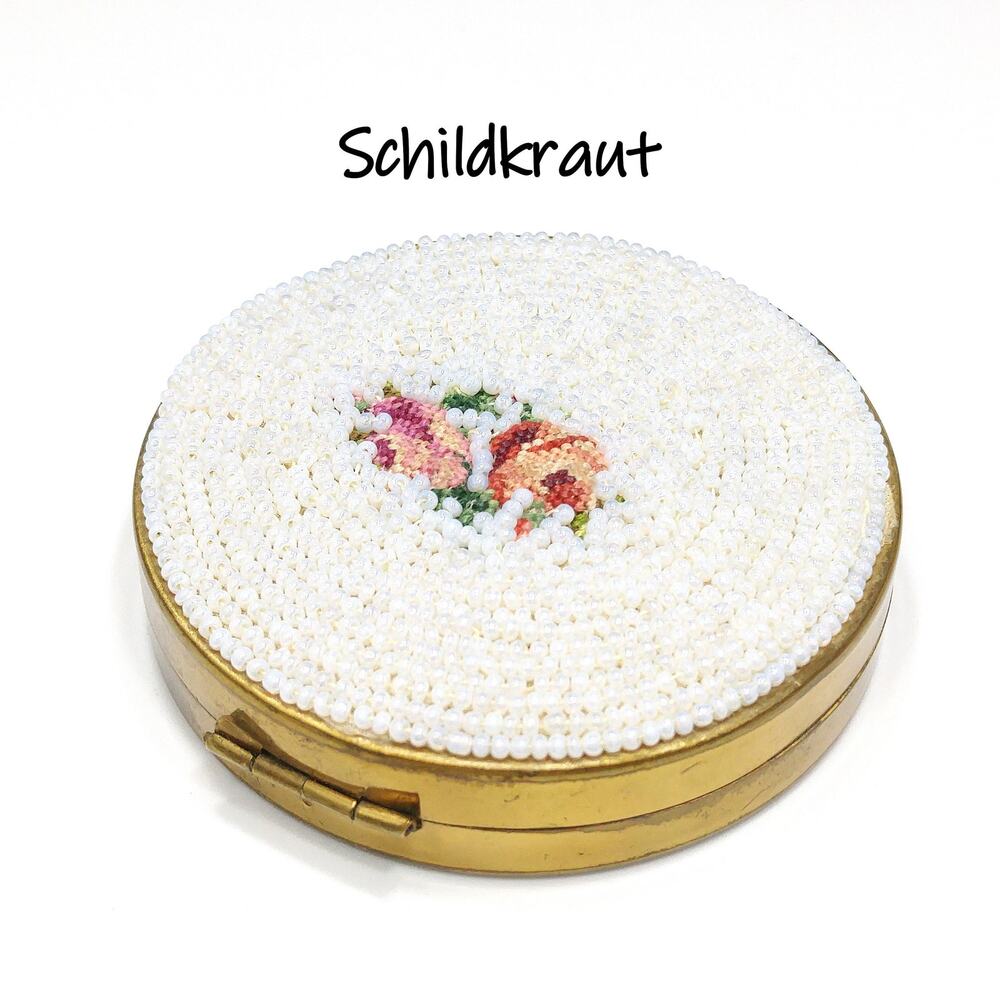 Vintage White Beaded Petit Point Compact, Schildkraut, Coty Powder, Vintage